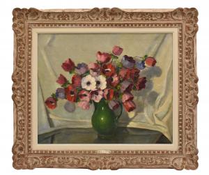 ANTIKE BILDER, ART DECO, BLUMENSTILLEBEN MIT BLUMEN, ANEMONIUM UND MOHN, ÖL AUF LEINWAND, 20. Jh. (QF702)